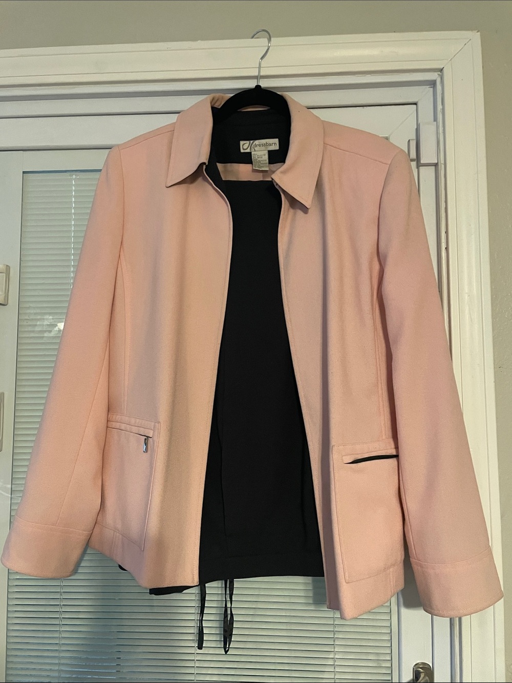 Crescent Soft Pink Tailored Collar Jacket with grey pants